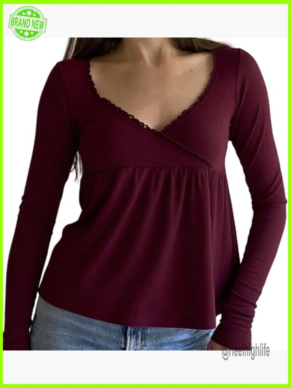 Y2K Long Sleeve Babydoll Top Women Fairy Grunge Lace Trim Tee
